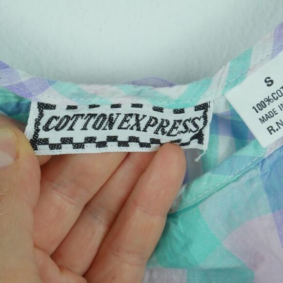 Vintage XXS Dress 80s Midi Pastel Plaid Drop Waist Cottagecore Preppy Cotton - Picture 4 of 7